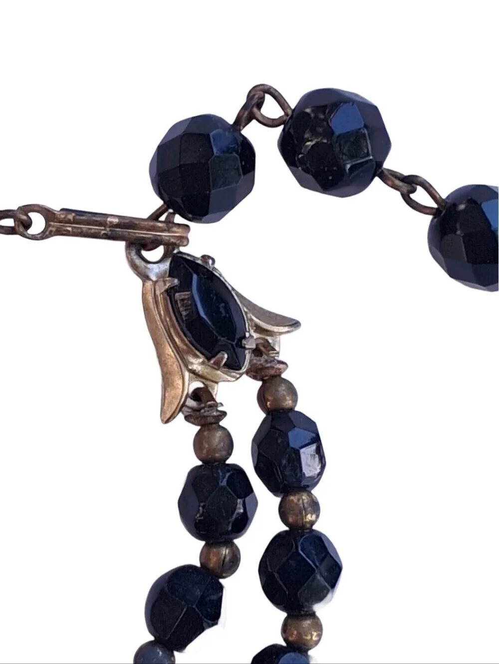 Vintage Mid-Century Double Strand Black Faceted Glass Bead Necklace - MCM Glam